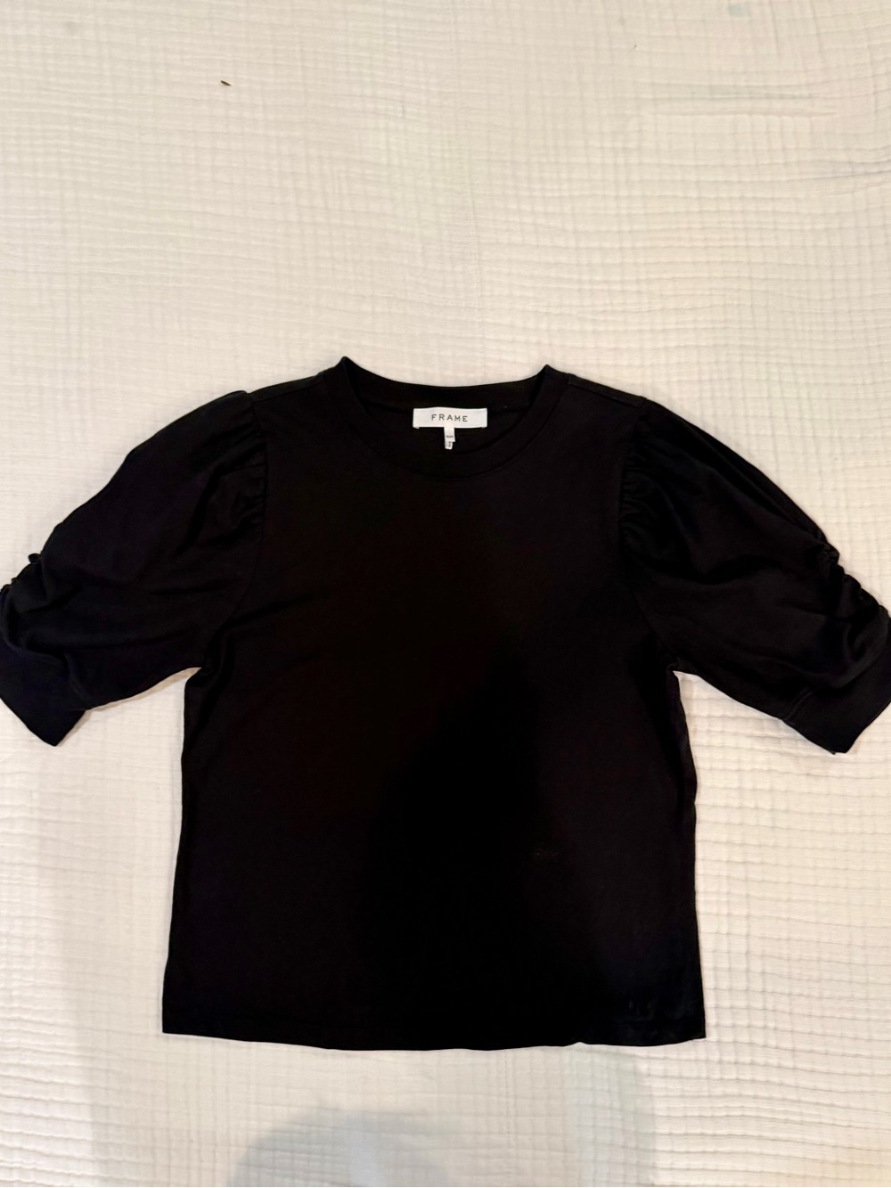 Frame Denim Black Crewneck Tee with Ruched Sleeves - M